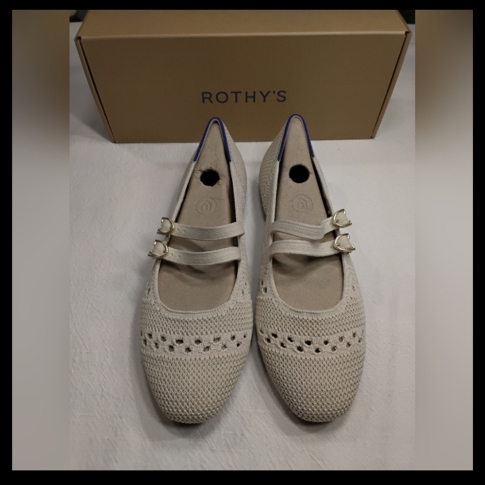 Rothy's Cream Knit Mary Jane Flats with Double Straps